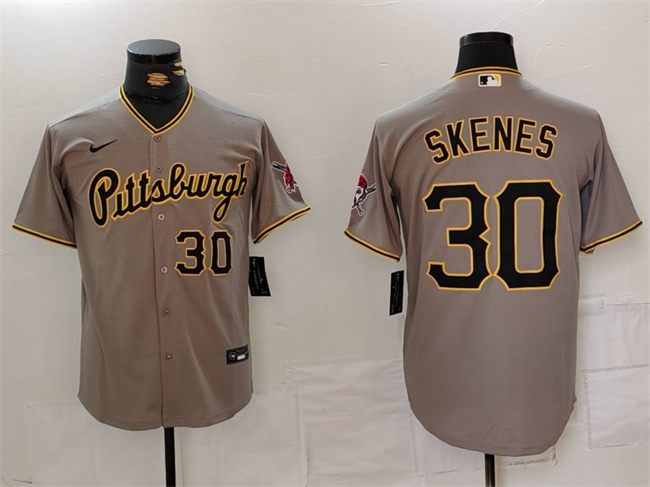 Men's Pittsburgh Pirates #30 Paul Skenes Grey With Patch Stitched Baseball Jersey Men's Pittsburgh Pirates #30 Paul Skenes Grey With Patch Stitched Baseball Jersey